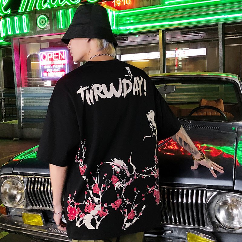 Japanese Sakura T Shirt Hip Hop Streetwear Men Harajuku Crane Tshirt Short Sleeve Summer Fashion Casual T-Shirt Cotton New | Vimost Shop.