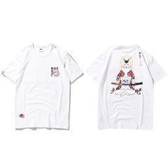 Men Harajuku T Shirt Japanese Ninja Cat Skull Tshirt Hip Hop Streetwear Ukiyoe Embroidery T-Shirts Summer Cotton Tops Tees