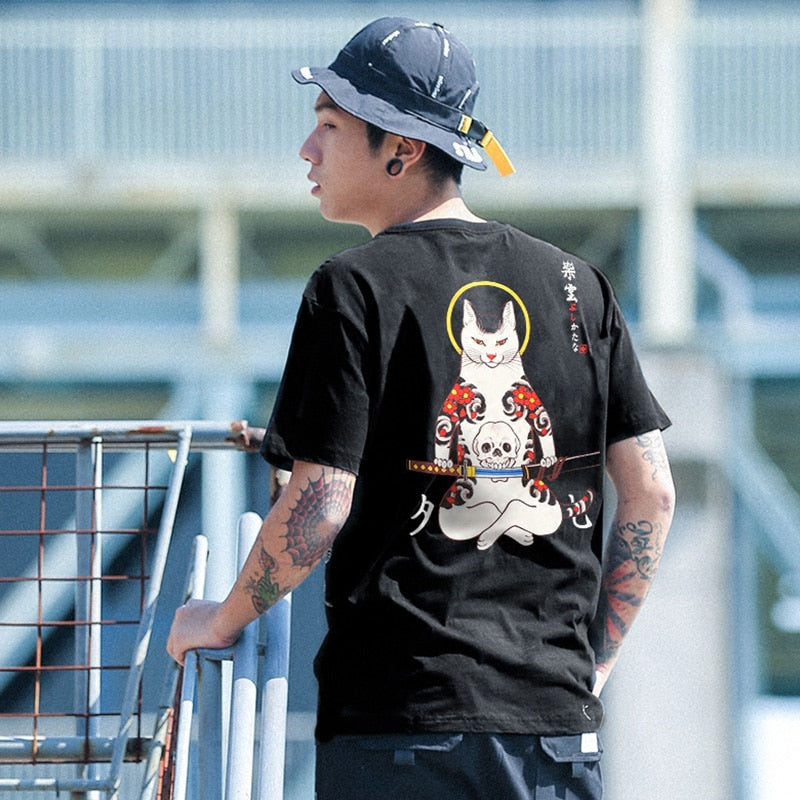 Men Harajuku T Shirt Japanese Ninja Cat Skull Tshirt Hip Hop Streetwear Ukiyoe Embroidery T-Shirts Summer Cotton Tops Tees | Vimost Shop.