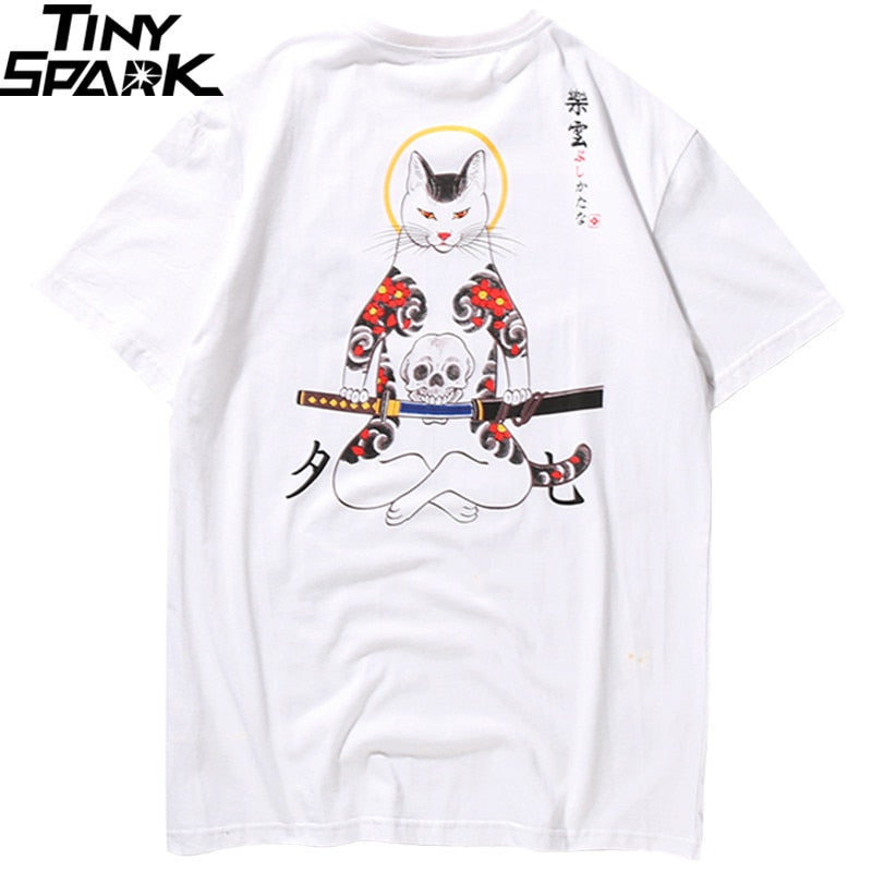 Men Harajuku T Shirt Japanese Ninja Cat Skull Tshirt Hip Hop Streetwear Ukiyoe Embroidery T-Shirts Summer Cotton Tops Tees | Vimost Shop.