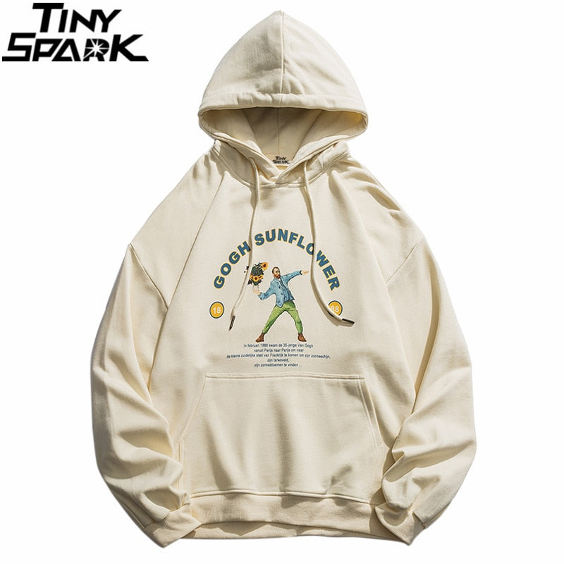 Men Hip Hop Funny Hoodie Sweatshirt Van Gogh Sunflower Harajuku Streetwear Hooded Pullover Cotton Autumn Retro Hoodie Beige | Vimost Shop.