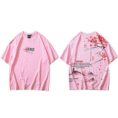 Men Hip Hop T Shirt Streetwear Japanese Sakura Painting Tshirt Short Sleeve Cotton Summer Harajuku T-Shirt Japan Style Pink