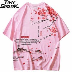 Men Hip Hop T Shirt Streetwear Japanese Sakura Painting Tshirt Short Sleeve Cotton Summer Harajuku T-Shirt Japan Style Pink