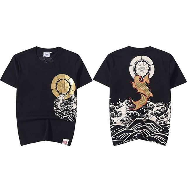 Men T Shirt Streetwear Japanese Harajuku Tshirt Koi Fish Wave Print Hip Hop T-Shirt Short Sleeve Summer Cotton Tops Tees | Vimost Shop.