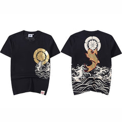 Men T Shirt Streetwear Japanese Harajuku Tshirt Koi Fish Wave Print Hip Hop T-Shirt Short Sleeve Summer Cotton Tops Tees
