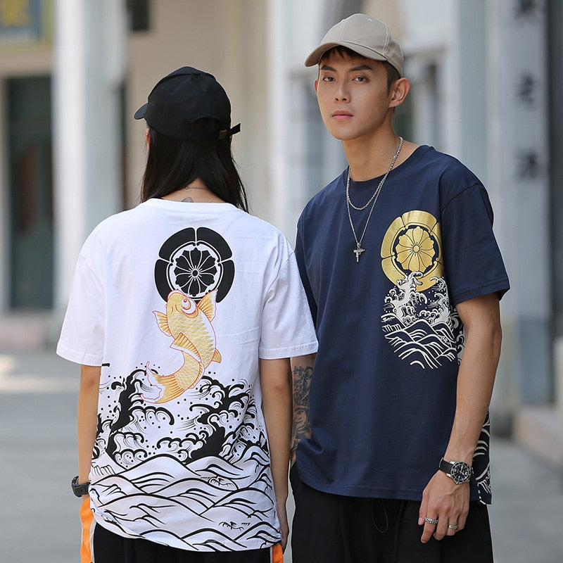 Men T Shirt Streetwear Japanese Harajuku Tshirt Koi Fish Wave Print Hip Hop T-Shirt Short Sleeve Summer Cotton Tops Tees | Vimost Shop.
