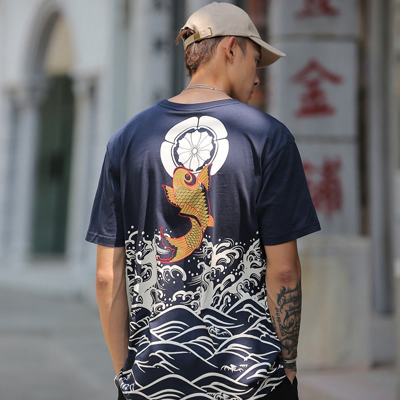 Men T Shirt Streetwear Japanese Harajuku Tshirt Koi Fish Wave Print Hip Hop T-Shirt Short Sleeve Summer Cotton Tops Tees | Vimost Shop.