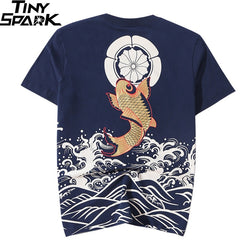 Men T Shirt Streetwear Japanese Harajuku Tshirt Koi Fish Wave Print Hip Hop T-Shirt Short Sleeve Summer Cotton Tops Tees