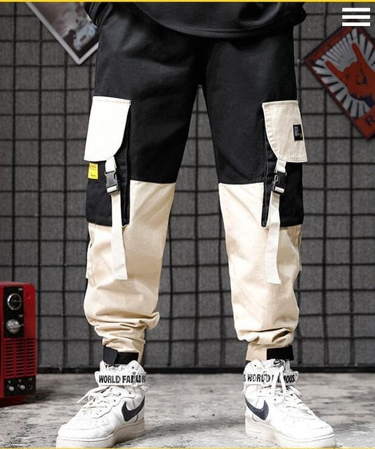 Men black red patchwork hip hop cargo pants man Japan style multi pockets sweatpants joggers | Vimost Shop.