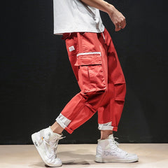Men black red patchwork hip hop cargo pants man Japan style multi pockets sweatpants joggers