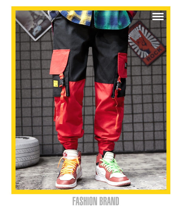 Men black red patchwork hip hop cargo pants man Japan style multi pockets sweatpants joggers | Vimost Shop.