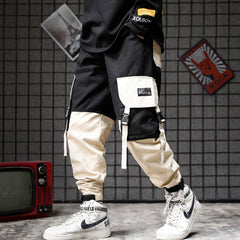 Men black red patchwork hip hop cargo pants man Japan style multi pockets sweatpants joggers