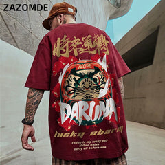 Men's T-Shirts  Chinese Style Lucky Printed Short Sleeve Tshirts Summer Hip Hop Casual Cotton Tops Tees Streetwear