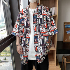 New Graffiti Pattern Mens Shirt Tops Playing Cards Printed Male Blouse Casual Half Sleeve Summer Floral Shirts