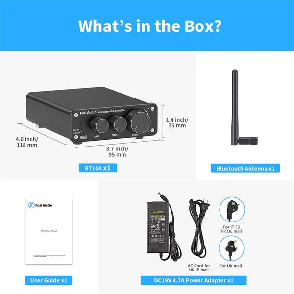 Audio BT10A Bluetooth 5.0 Stereo Amplifier Receiver Class D Mini HiFi Integrated Amp for Home Speakers 50W*2 Treble & Bass - Vimost Shop