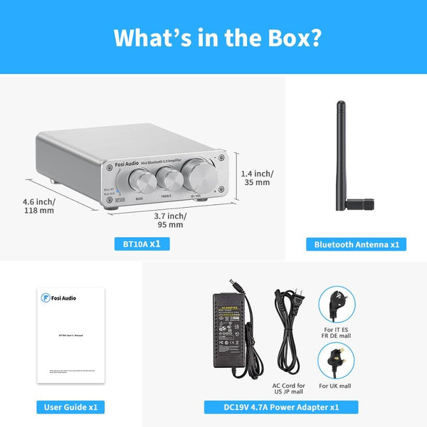 Audio BT10A Bluetooth 5.0 Stereo Amplifier Receiver Class D Mini HiFi Integrated Amp for Home Speakers 50W*2 Treble & Bass - Vimost Shop