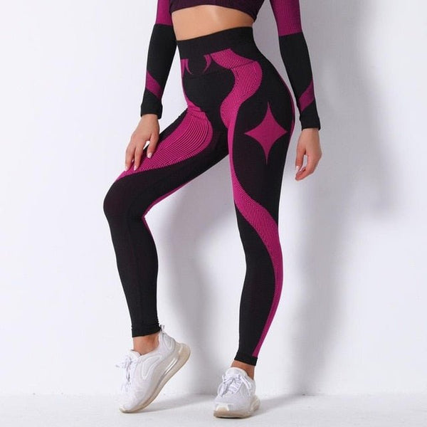Autumn Color Patchwork Yoga Set Women Gym Clothes Fitness Long Sleeve Top Leggings Suit Push Up Workout New Tracksuit - Vimost Shop