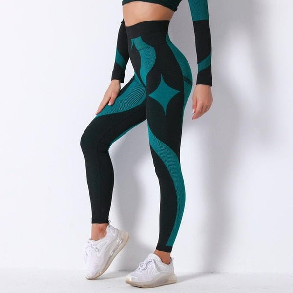 Autumn Color Patchwork Yoga Set Women Gym Clothes Fitness Long Sleeve Top Leggings Suit Push Up Workout New Tracksuit - Vimost Shop