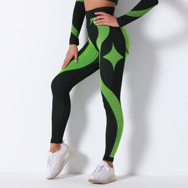 Autumn Color Patchwork Yoga Set Women Gym Clothes Fitness Long Sleeve Top Leggings Suit Push Up Workout New Tracksuit - Vimost Shop