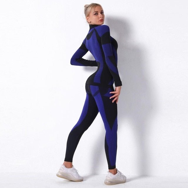 Autumn Color Patchwork Yoga Set Women Gym Clothes Fitness Long Sleeve Top Leggings Suit Push Up Workout New Tracksuit - Vimost Shop