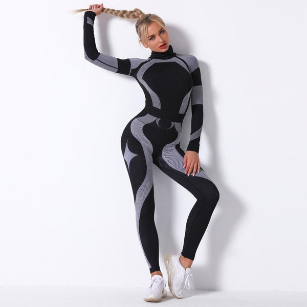 Autumn Color Patchwork Yoga Set Women Gym Clothes Fitness Long Sleeve Top Leggings Suit Push Up Workout New Tracksuit - Vimost Shop