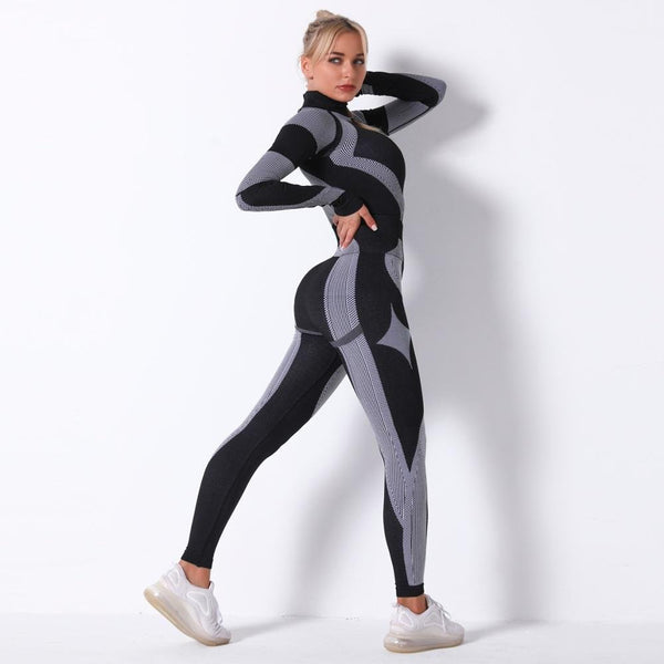 Autumn Color Patchwork Yoga Set Women Gym Clothes Fitness Long Sleeve Top Leggings Suit Push Up Workout New Tracksuit - Vimost Shop
