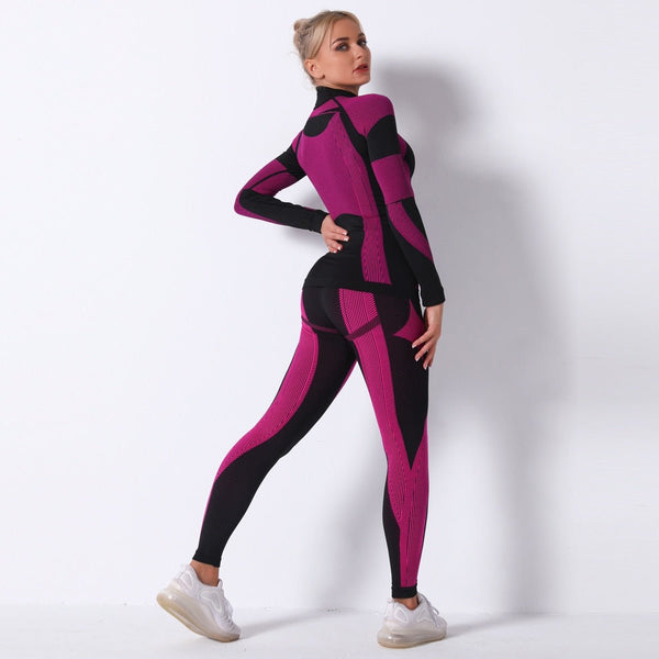 Autumn Color Patchwork Yoga Set Women Gym Clothes Fitness Long Sleeve Top Leggings Suit Push Up Workout New Tracksuit - Vimost Shop