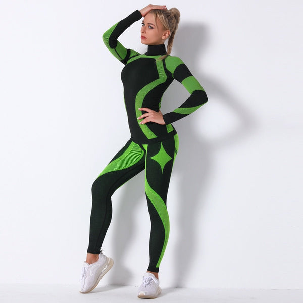 Autumn Color Patchwork Yoga Set Women Gym Clothes Fitness Long Sleeve Top Leggings Suit Push Up Workout New Tracksuit - Vimost Shop