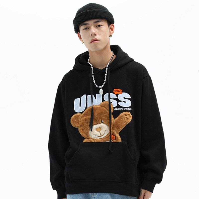 Autumn Hip Hop Hoodie Streetwear Hairy Bear Men Harajuku Hoodie Sweatshirt Black Loose Hooded Pullover Cotton Fleece Winter - Vimost Shop