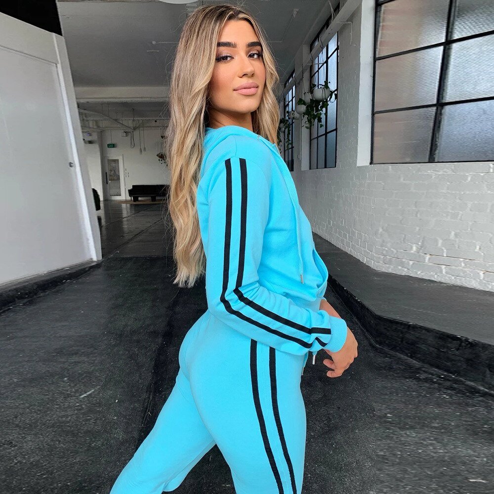 Autumn Hooded Zipper Tracksuit Set For Women Casual Gym Running Sports Work Out Outfits Striped Long Sleeve Pencil Pants Suit - Vimost Shop
