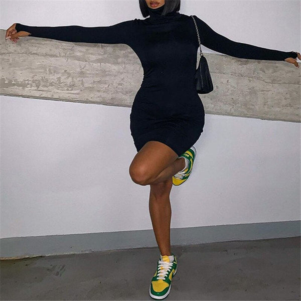 Autumn Hot Fashion Slim Long Sleeve Solid Black Women Dress With Face Mask Neck Short Mini Bodycon Street Dresses Vestidos - Vimost Shop