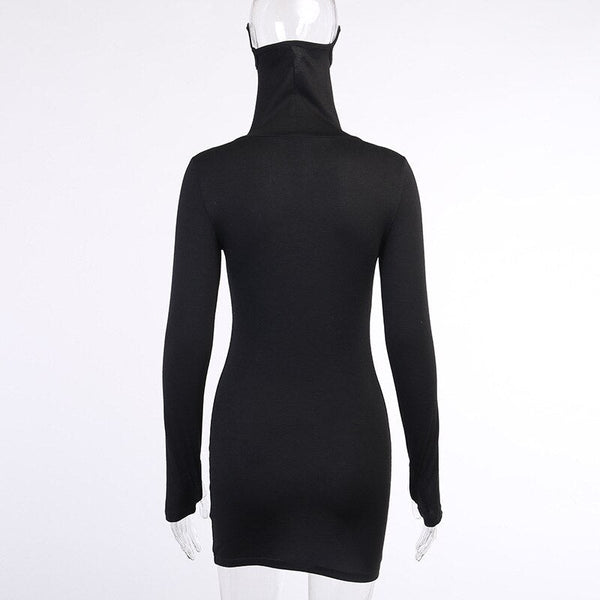 Autumn Hot Fashion Slim Long Sleeve Solid Black Women Dress With Face Mask Neck Short Mini Bodycon Street Dresses Vestidos - Vimost Shop