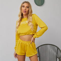 Autumn Letter Print Two Piece Tracksuit Set Casual Gym Sportswear Running Work Out Outfits Long Sleeve Crop Top Shorts Suit
