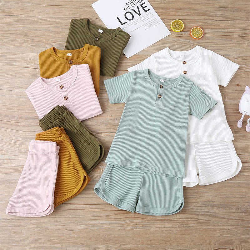 Baby Toddler Children Pajamas Clothing Set Solid Color T-shirt Shorts Two Piece Kids Home Lounge Clothes Girl Boy Sleepwear - Vimost Shop