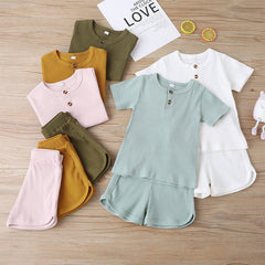 Baby Toddler Children Pajamas Clothing Set Solid Color T-shirt Shorts Two Piece Kids Home Lounge Clothes Girl Boy Sleepwear