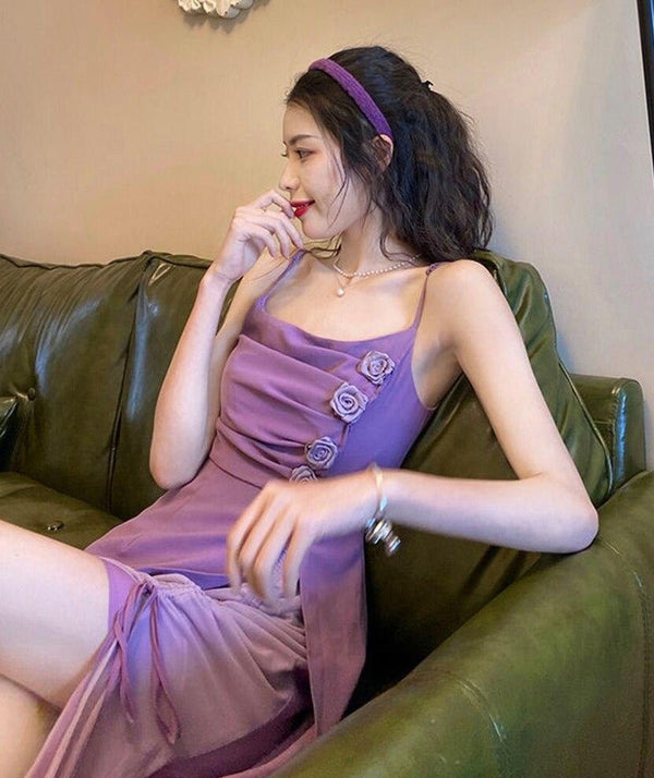 Bandage Ruched purple floral sexy dress girl French retro light mature style improved strap beach female DRESS - Vimost Shop