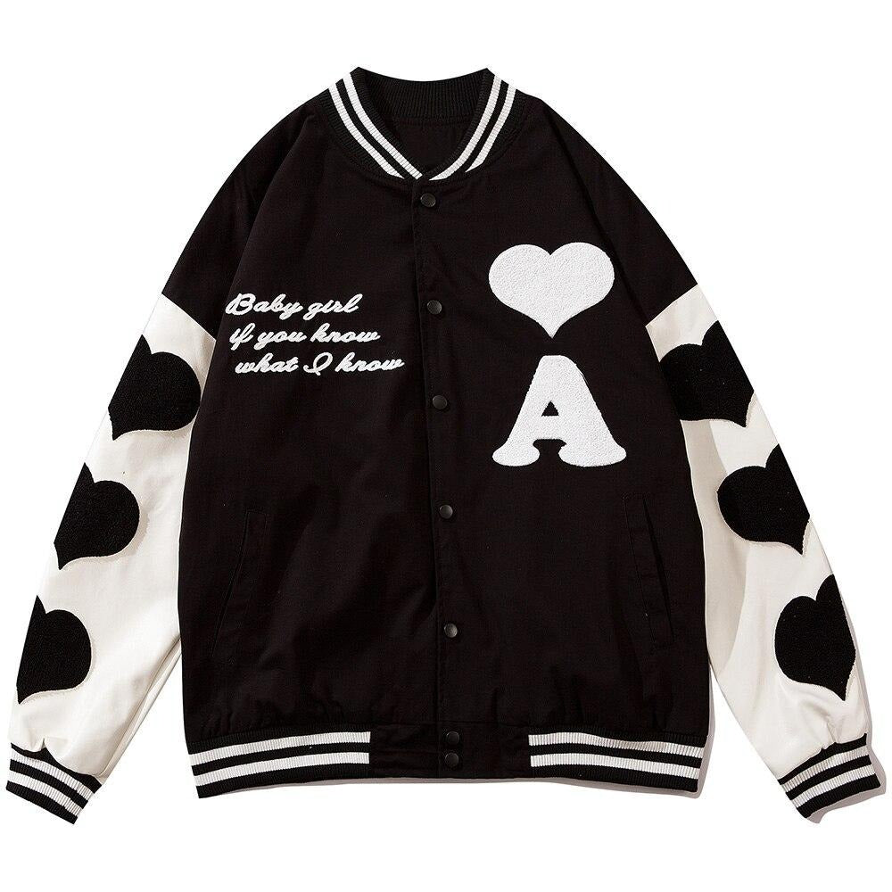 Baseball Jacket Men Leather Patchwork Furry Heart Patch Baggy Harajuku High Street Fashion All-match Bomber Coat Autumn - Vimost Shop