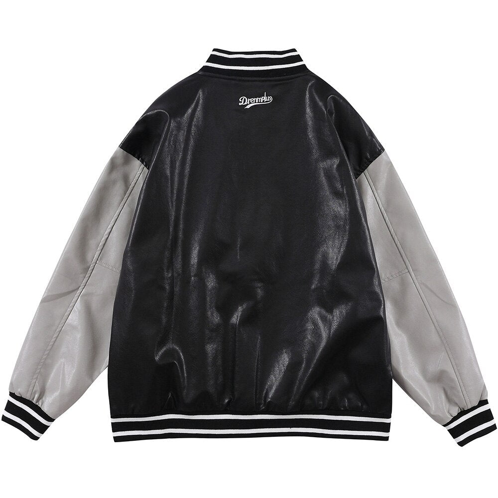 Baseball Jacket Men Retro Color Block Furry Patch Leather Bomber Coat Autumn Baggy High Street College Style Streetwear - Vimost Shop