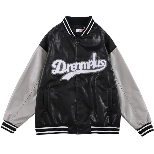 Baseball Jacket Men Retro Color Block Furry Patch Leather Bomber Coat Autumn Baggy High Street College Style Streetwear - Vimost Shop
