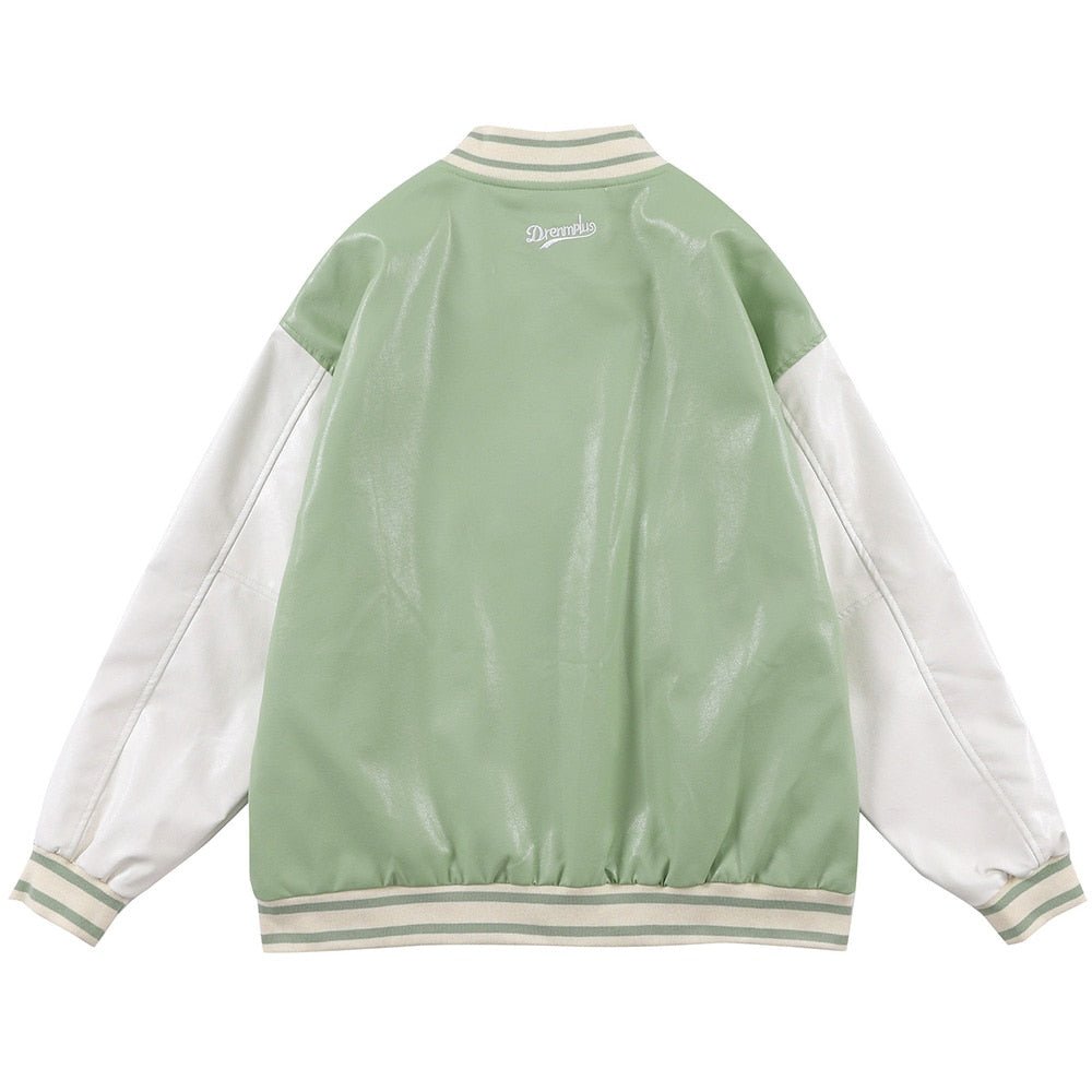Baseball Jacket Men Retro Color Block Furry Patch Leather Bomber Coat Autumn Baggy High Street College Style Streetwear - Vimost Shop