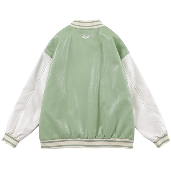 Baseball Jacket Men Retro Color Block Furry Patch Leather Bomber Coat Autumn Baggy High Street College Style Streetwear - Vimost Shop