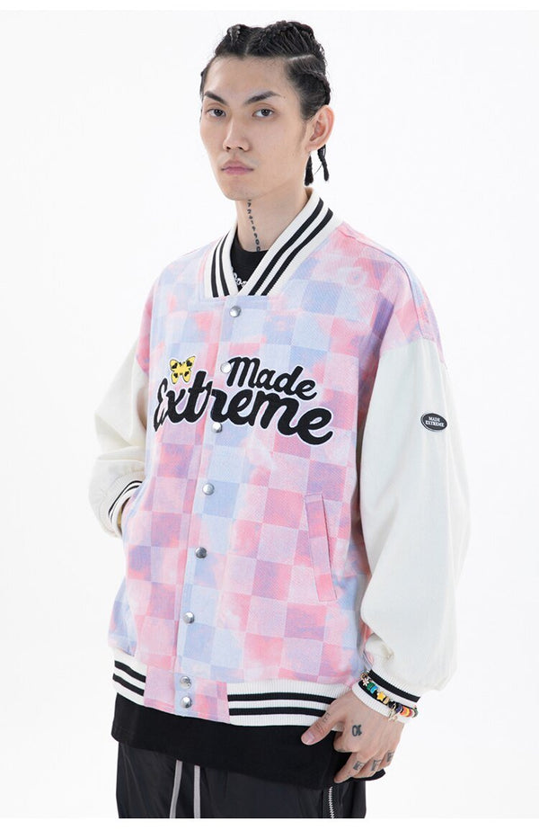 Baseball Jacket Men Tie Dye Checkerboard Printed Patchwork Bomber Coats V-Neck Harajuku College Style Streetwear Spring - Vimost Shop