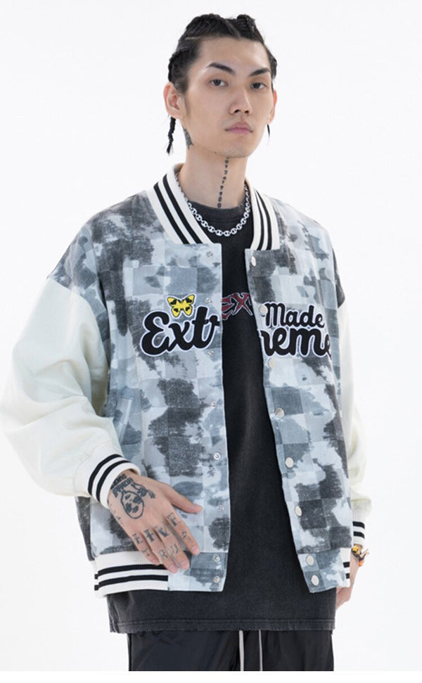 Baseball Jacket Men Tie Dye Checkerboard Printed Patchwork Bomber Coats V-Neck Harajuku College Style Streetwear Spring - Vimost Shop