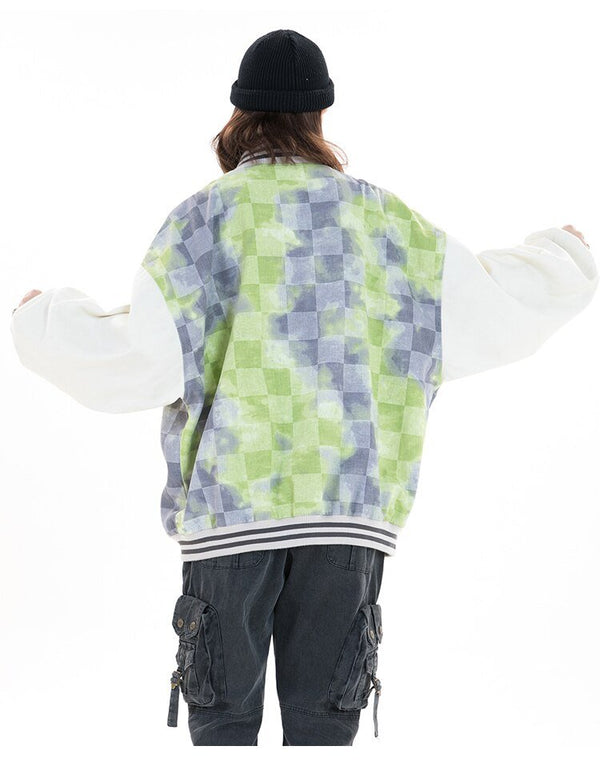 Baseball Jacket Men Tie Dye Checkerboard Printed Patchwork Bomber Coats V-Neck Harajuku College Style Streetwear Spring - Vimost Shop