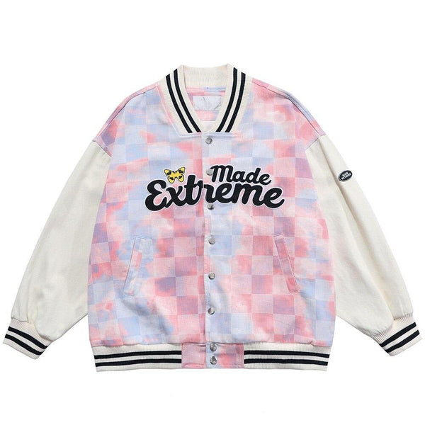 Baseball Jacket Men Tie Dye Checkerboard Printed Patchwork Bomber Coats V-Neck Harajuku College Style Streetwear Spring - Vimost Shop