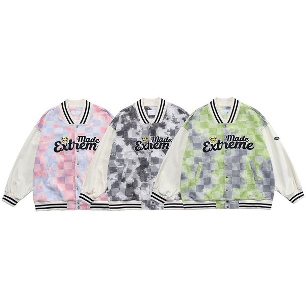 Baseball Jacket Men Tie Dye Checkerboard Printed Patchwork Bomber Coats V-Neck Harajuku College Style Streetwear Spring - Vimost Shop
