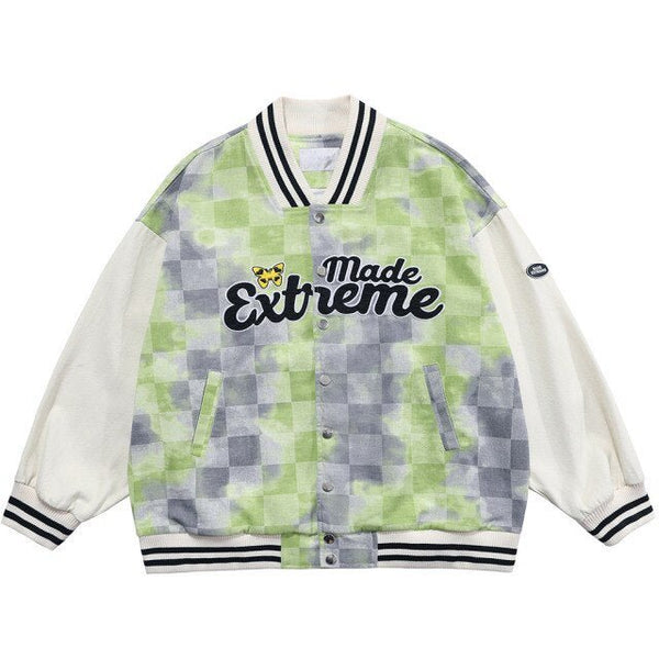 Baseball Jacket Men Tie Dye Checkerboard Printed Patchwork Bomber Coats V-Neck Harajuku College Style Streetwear Spring - Vimost Shop