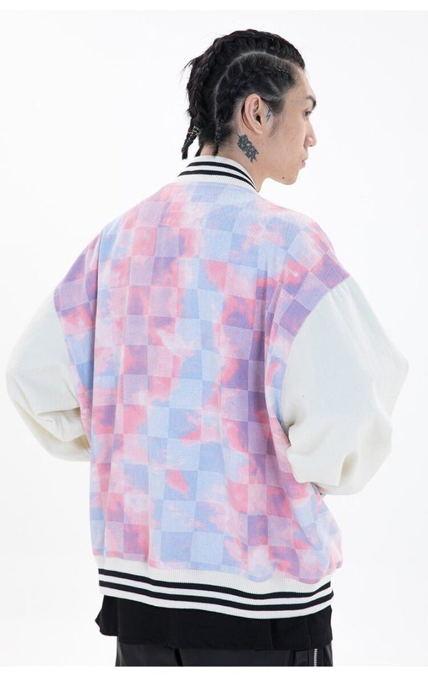 Baseball Jacket Men Tie Dye Checkerboard Printed Patchwork Bomber Coats V-Neck Harajuku College Style Streetwear Spring - Vimost Shop