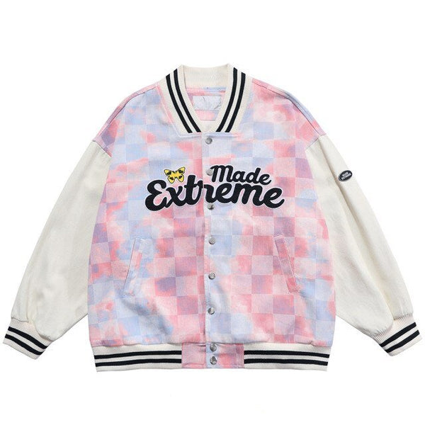 Baseball Jacket Men Tie Dye Checkerboard Printed Patchwork Bomber Coats V-Neck Harajuku College Style Streetwear Spring - Vimost Shop