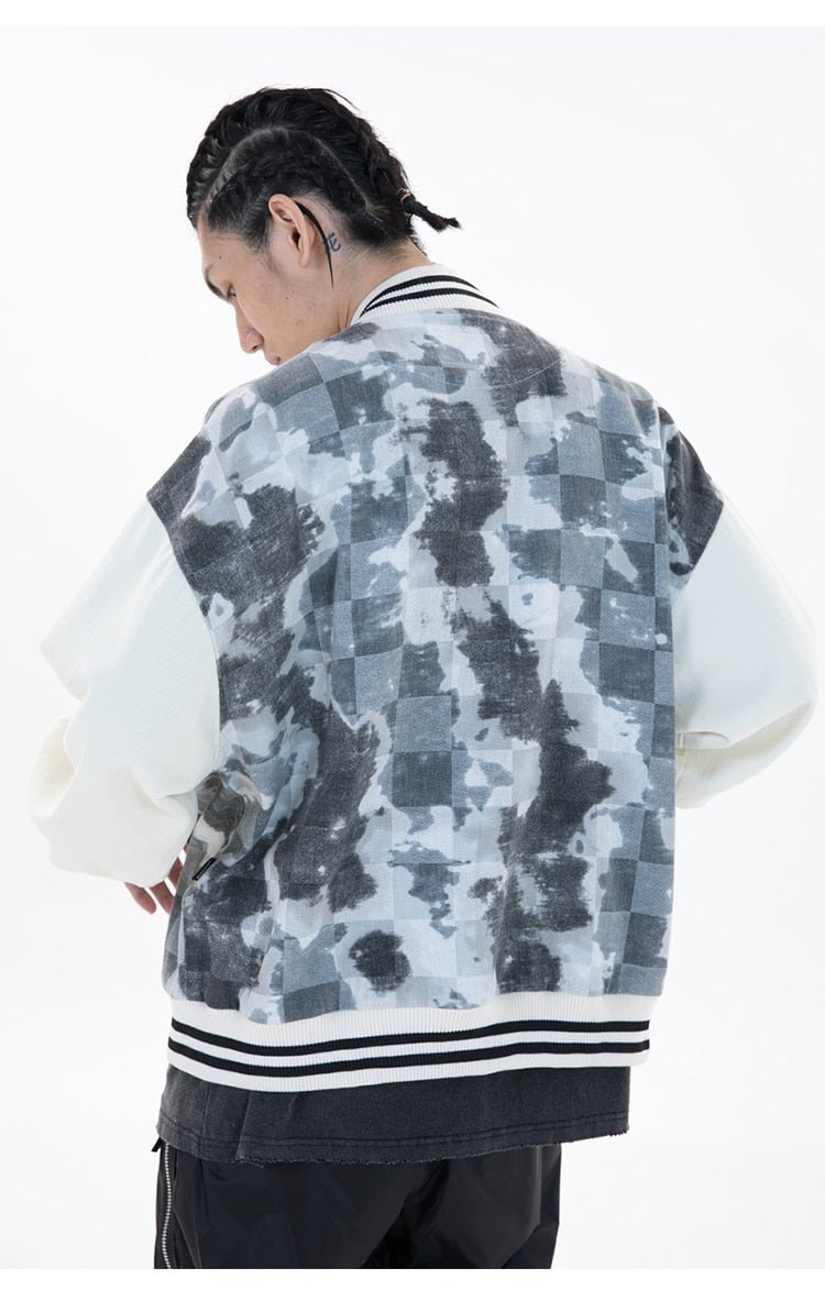 Baseball Jacket Men Tie Dye Checkerboard Printed Patchwork Bomber Coats V-Neck Harajuku College Style Streetwear Spring - Vimost Shop